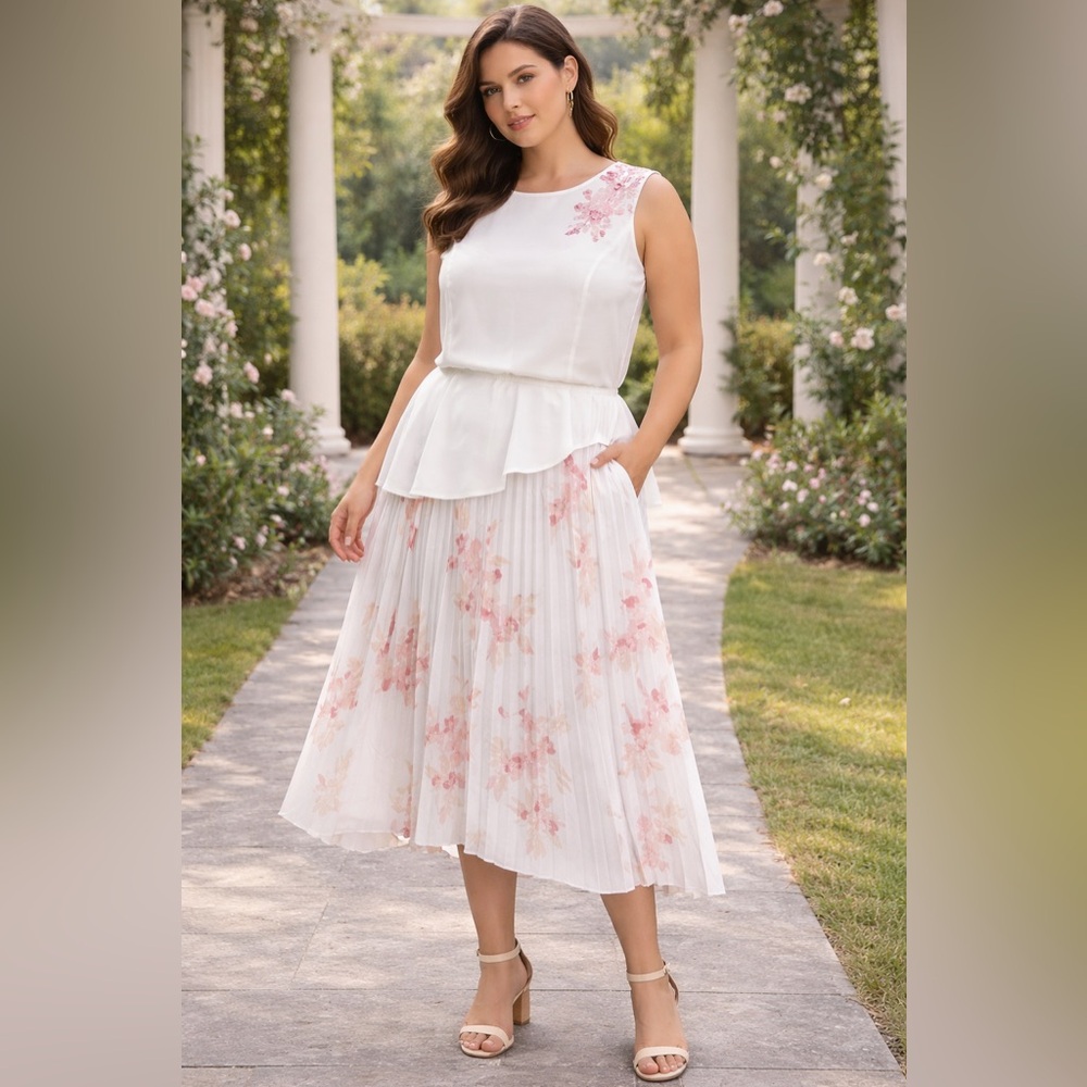 NWT Glamour x Lane Bryant White Asymmetrical Peplum Top Size 14 Pink Floral